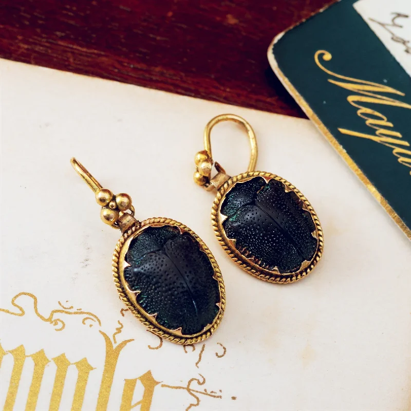 Diamond stud earrings for women-Antique Victorian Era Scarab Beetle Earrings