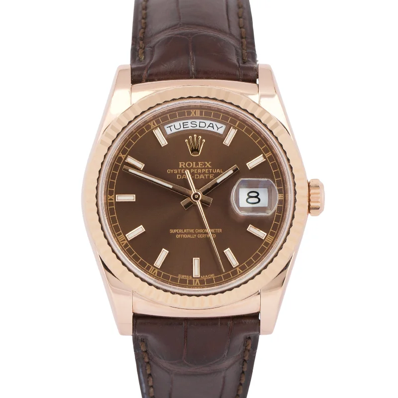 Slim profile wristwatches-MINT Rolex Day-Date President 36mm CHOCOLATE Brown 18K Rose Gold Leather 118135