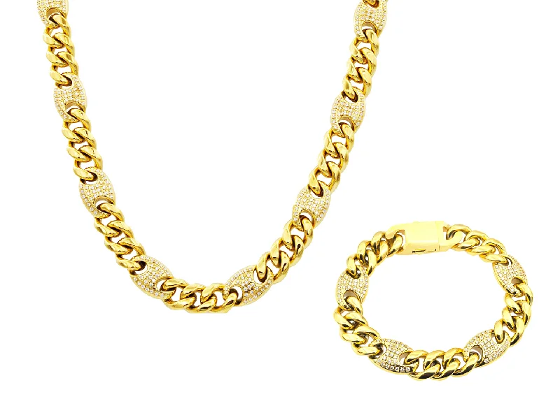 Stylish pendant necklace for women-Mens 10mm Gold Plated Stainless Steel Mariner Curb Chain Set With Cubic Zirconia