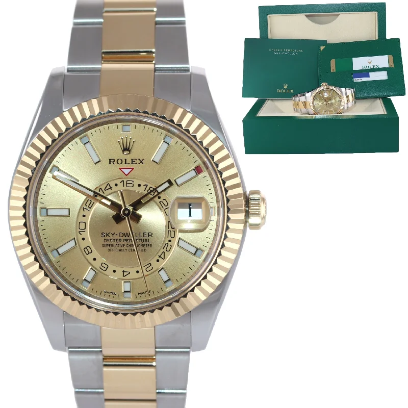 Slim profile wristwatches-2020 PAPERS Rolex Sky-Dweller 326933 Champagne Two Tone Gold Steel Watch Box