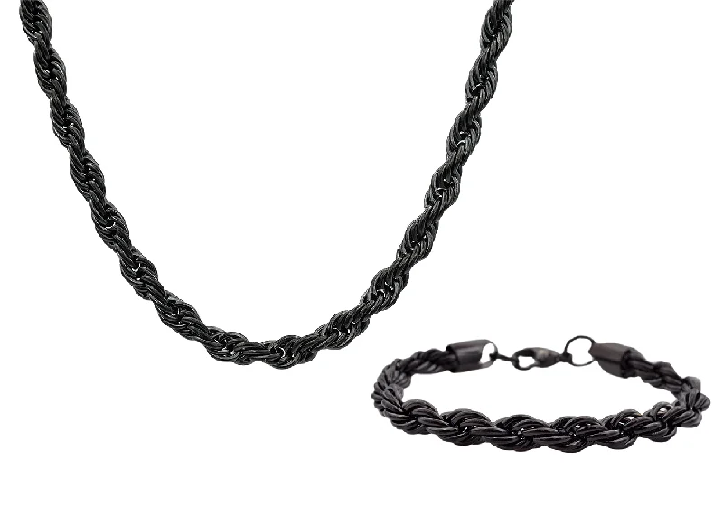 Personalized pendant necklace for women-Mens Black Stainless Steel Rope Link Chain Set