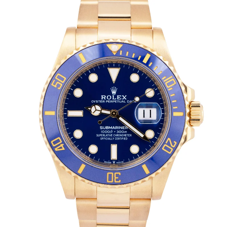 Luxury metal wristwatches-MINT PAPERS Rolex Submariner Date 41 18K Yellow Gold Blue Watch 126618 LB BOX