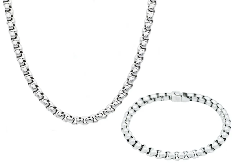 Matching necklace for women-Mens Stainless Steel Round Box Link Chain Set