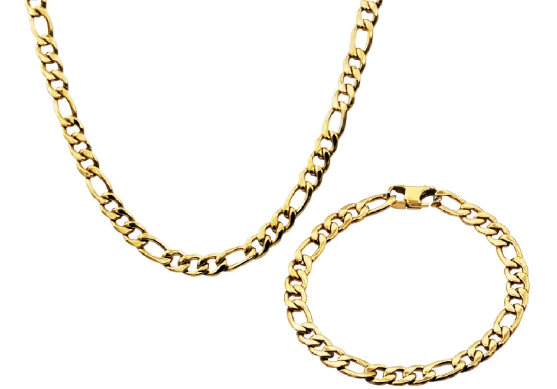 Sapphire necklace for women-Mens Gold Stainless Steel Figaro Link Chain Set