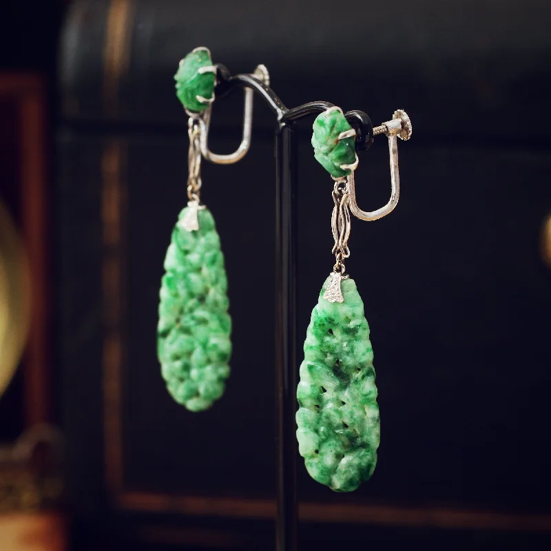 Gold stud earrings for women-Hand Carved Vintage Jadeite Drop Earrings