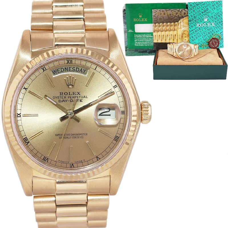 Dive wristwatches-1989 MINT Rolex President Day Date Champagne 18038 Quick Set Yellow Gold Watch Box