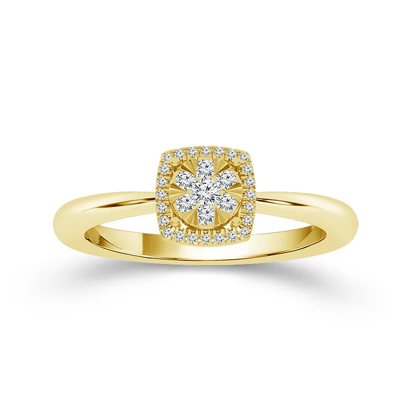 Solitaire engagement rings for women-1/6 Ctw Cushion Halo Multi Stone Diamond Promise Ring in 10 Karat Yellow Gold