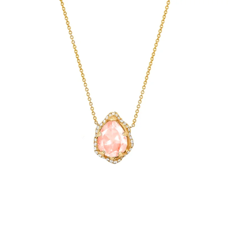 Gold bar necklace for women-Mirco Queen Water Drop Morganite Necklace with Full Pavé Halo