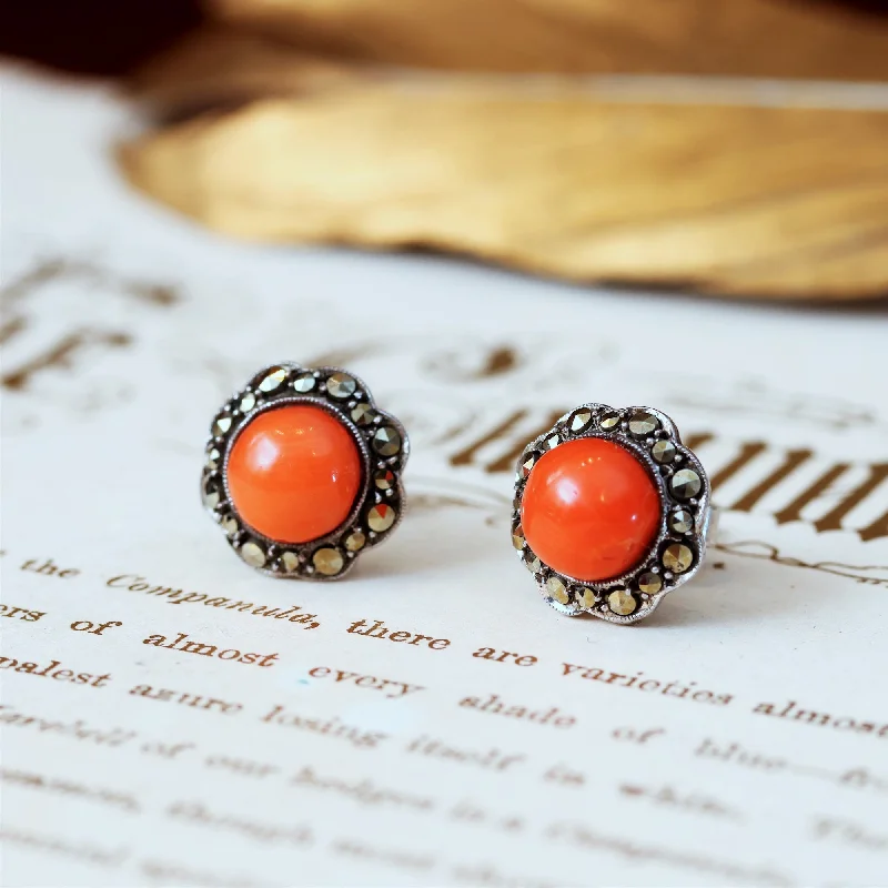 Long earrings for women-Vintage Mid Century Coral & Marcasite Stud Earrings