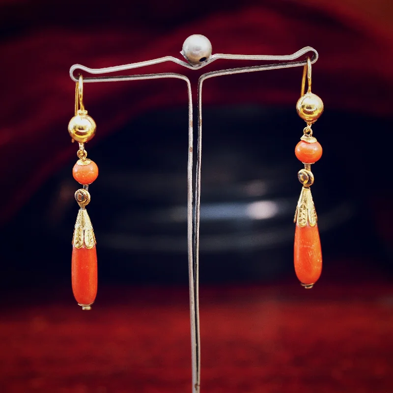 Clip-on earrings for women-Fine Antique Etruscan Revival Coral Earrings