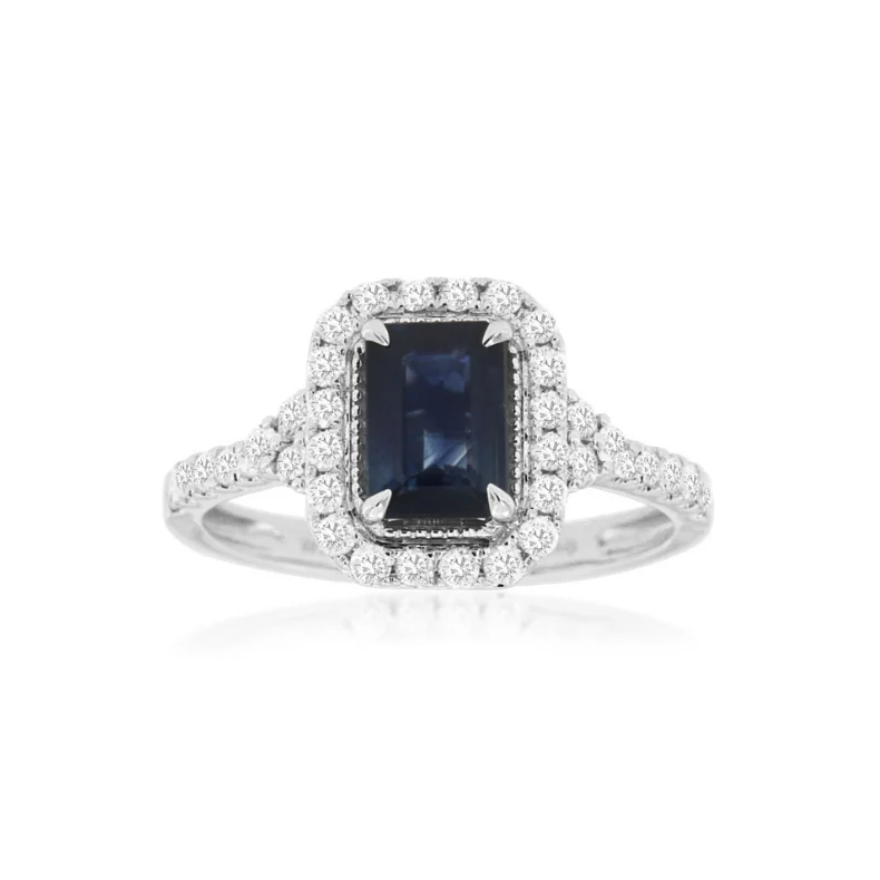 Engagement rings with halos for women-14 Karat White Gold Emerald Cut Sapphire and Diamond Halo Ring