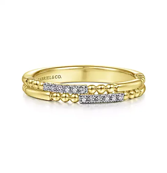 Classic engagement rings for women-Yellow Gold Two Row Beaded Diamond Stackable Ring