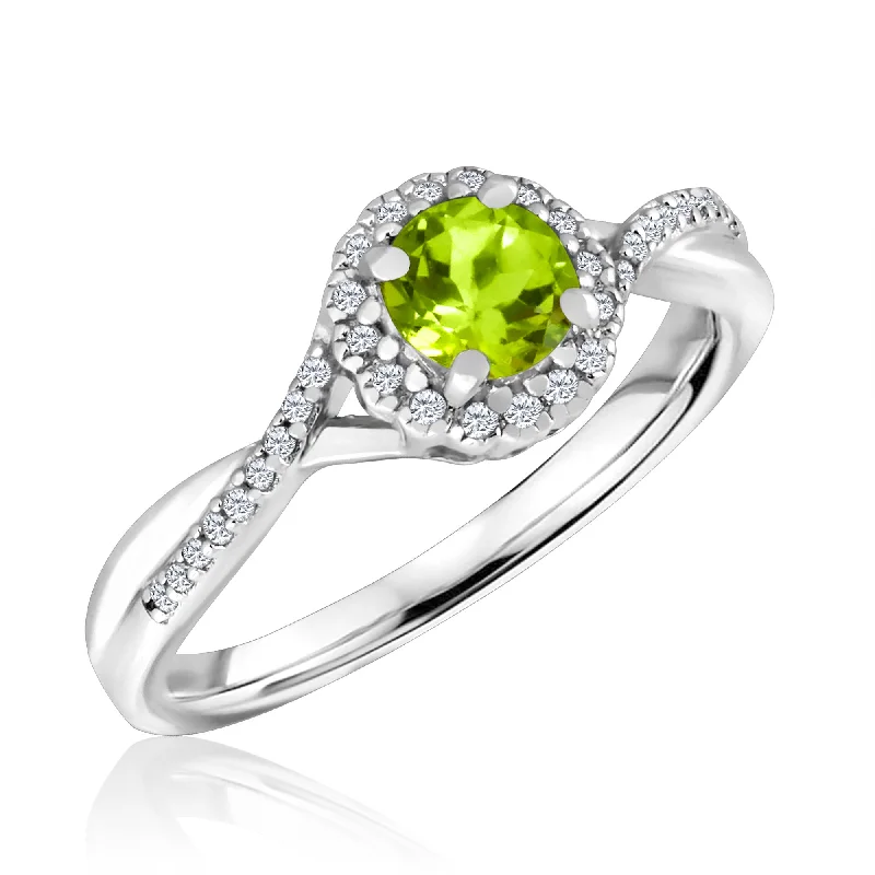 Simple engagement rings for women-Peridot and Diamond Halo August Birthstone Ring in Sterling Silver