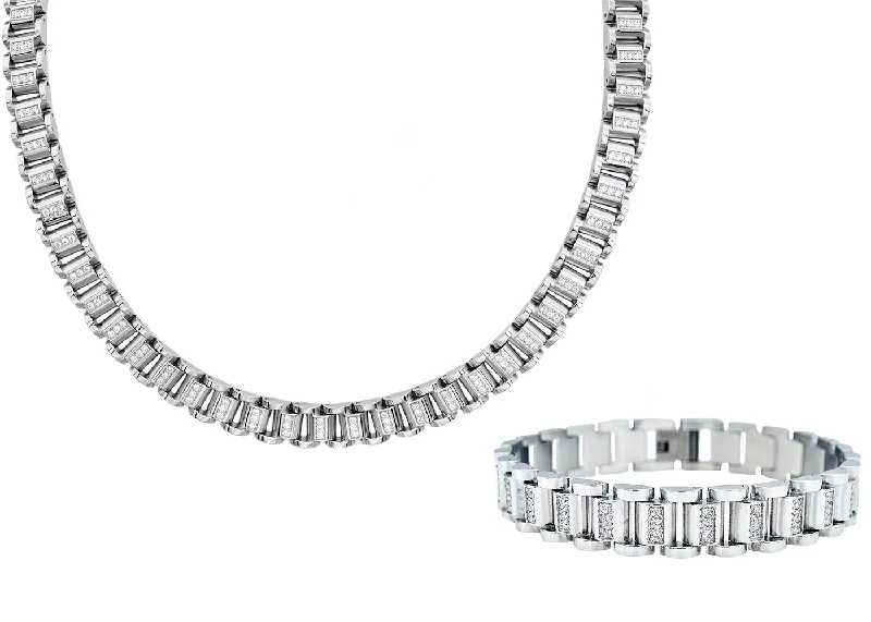 Gold and diamond necklace for women-Mens Stainless Steel Chain Link Set With Cubic Zirconia