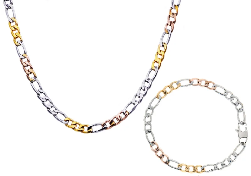 Beaded necklace for women-Mens Tri Color Yellow And Rose Gold Stainless Steel Figaro Link Chain Set