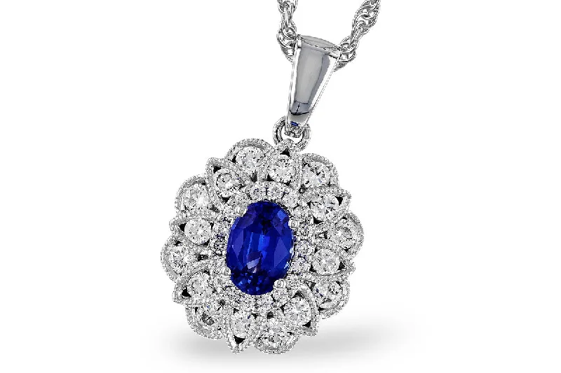 Choker chain necklace for women-14K White Gold 1.12ctw Oval Blue Sapphire & Diamond Halo Necklace by Allison Kaufman