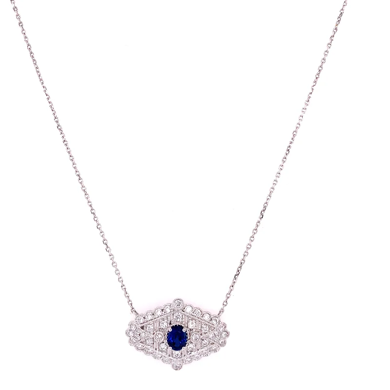 Minimalist necklace for women-Vintage Inspired Sapphire and Diamond Necklace in White Gold