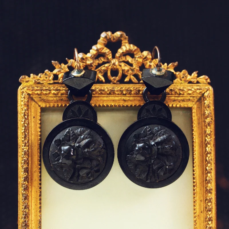 Pearl earrings for women-Antique Victorian Whitby Jet Cameo Earrings