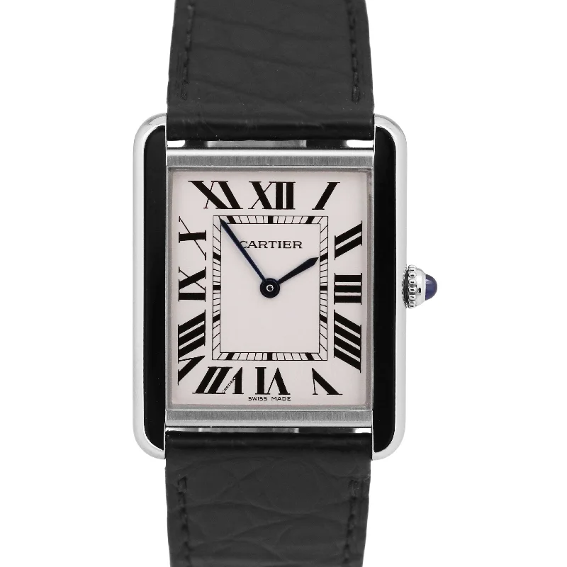 Elegant wristwatches with diamonds-MINT Cartier Tank Solo Large Steel SILVER Roman Quartz Leather 3169 / W5200003