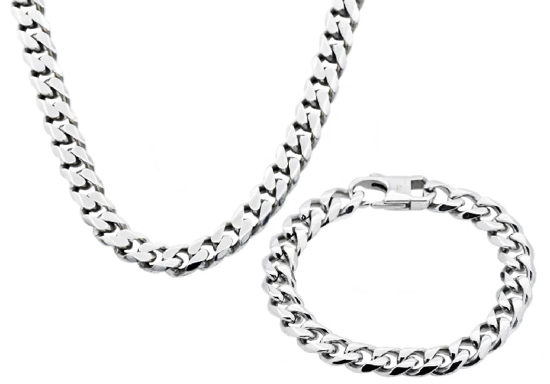 Heart-shaped necklace for women-Mens 10mm Stainless Steel curb Link Chain Set