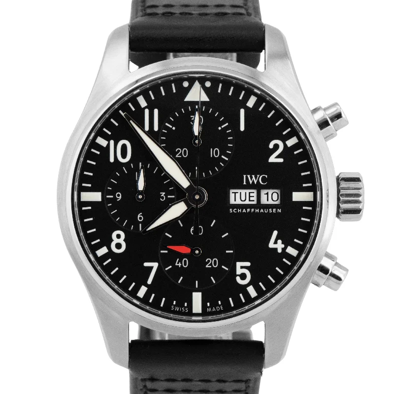 Leather strap wristwatches-MINT IWC Pilot's Watch Day Date 43mm Chronograph Steel Black Watch IW378001 BOX