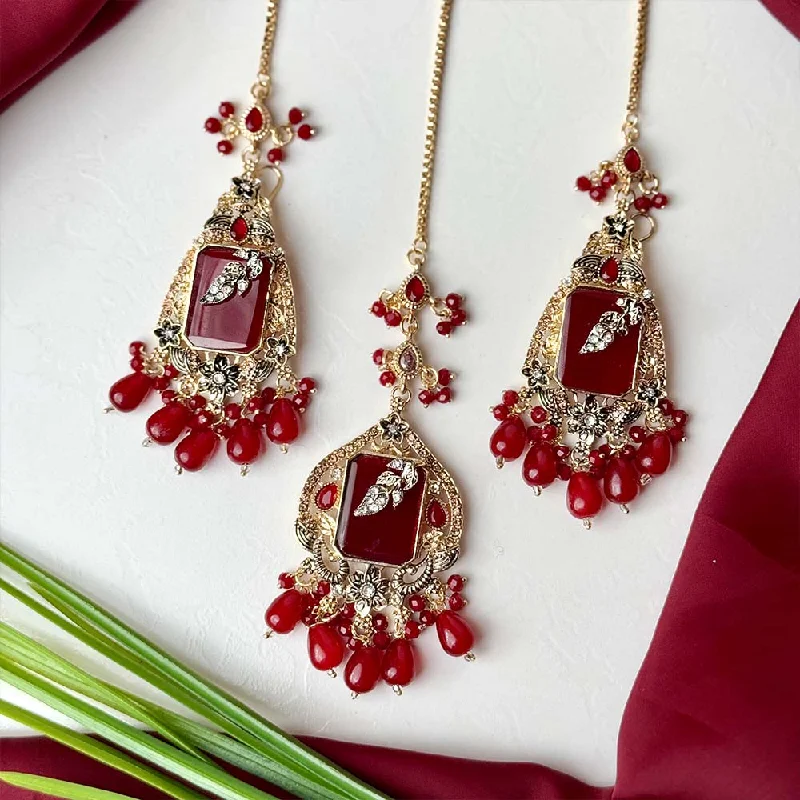 Big earrings for women-Zarala Earrings Teeka Set (Maroon)