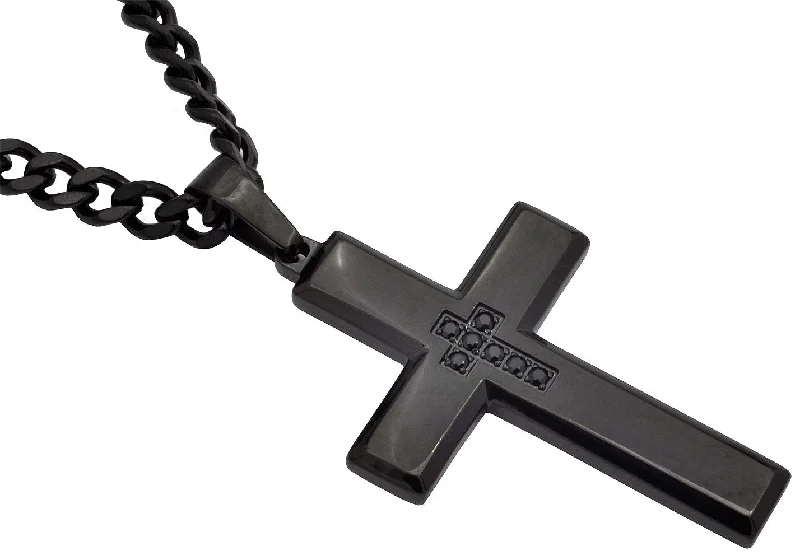 Multi-layer necklace for women-Mens Black Stainless Steel Cross Pendant Necklace With Black Cubic Zirconia