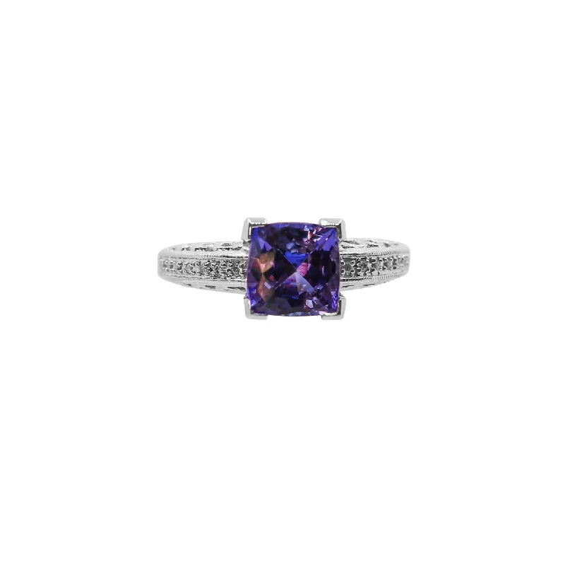 Platinum engagement rings for women-White Gold Cushion Cut Tanzanite and Diamond Filigree Ring