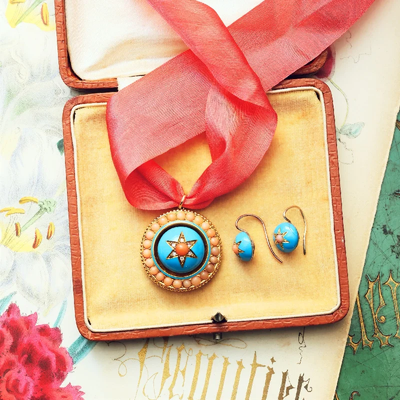 Rose gold earrings for women-Antique Victorian Coral, Enamel and Diamond Locket & Earrings