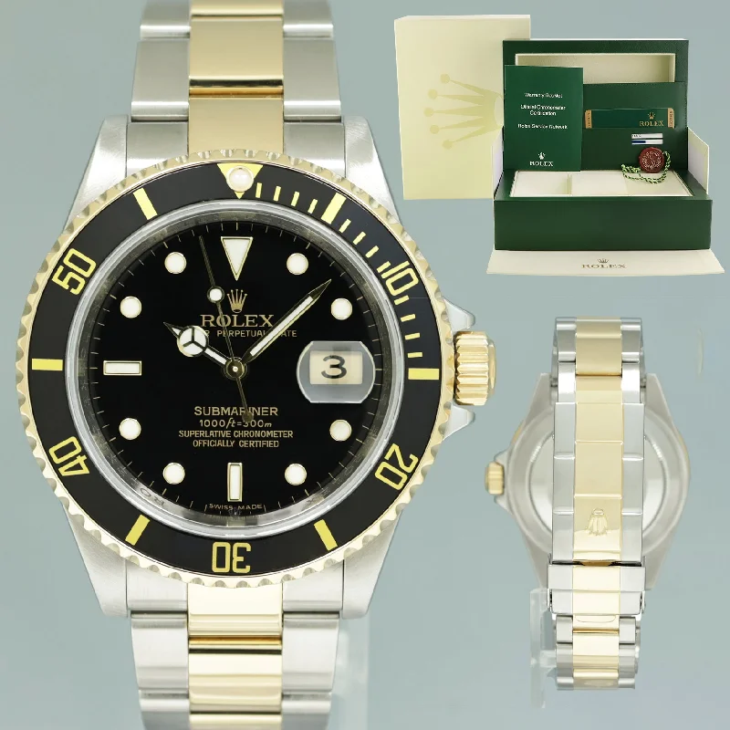 Men’s leather strap wristwatches-MINT 2008 PAPERS Rolex Submariner 16613 Gold Steel Two Tone Gold Black Watch Box