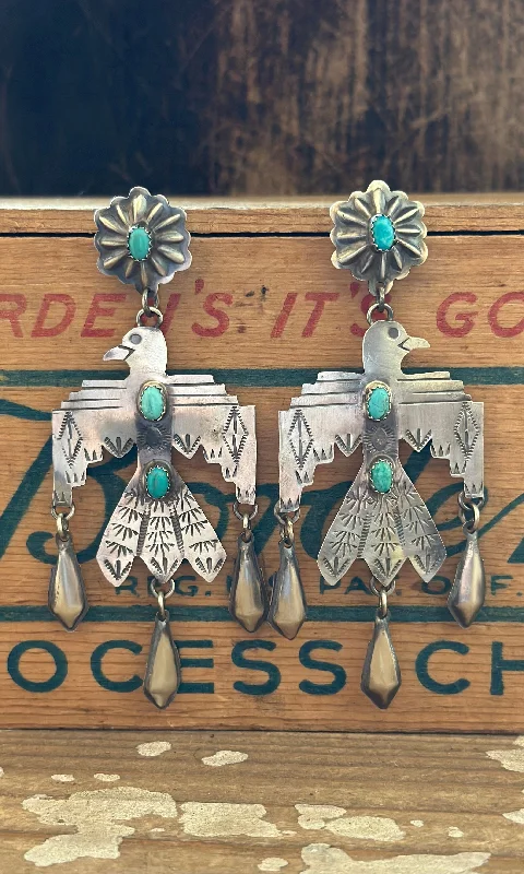 Classic earrings for women-THUNDERBIRD LJC Sterling Silver and Turquoise Navajo Statement Earrings