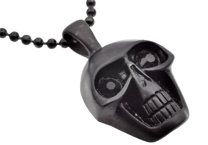 Elegant pendant necklace for women-Mens Black Stainless Steel Black Cubic Zirconia Skull Pendant Necklace With 24" Chain