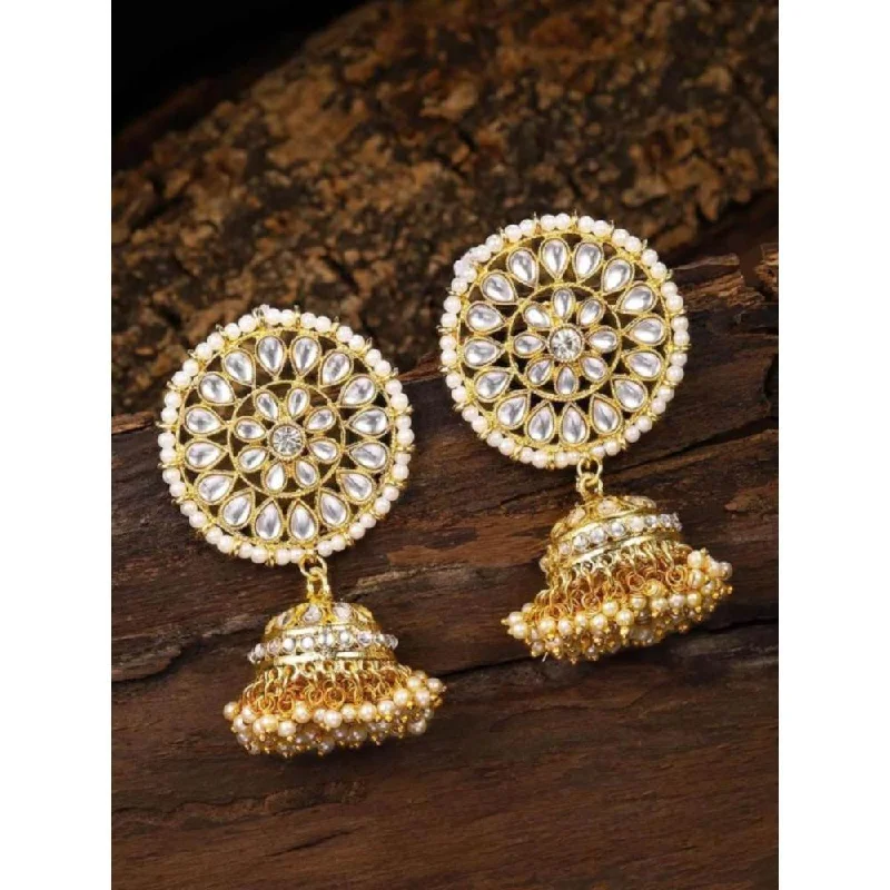 Gold earrings for women-Etnico Traditional Gold Plated With Stunning Antique Finish Kundan & Pearl Jhumka Earrings for Women/Girls (E3091W)