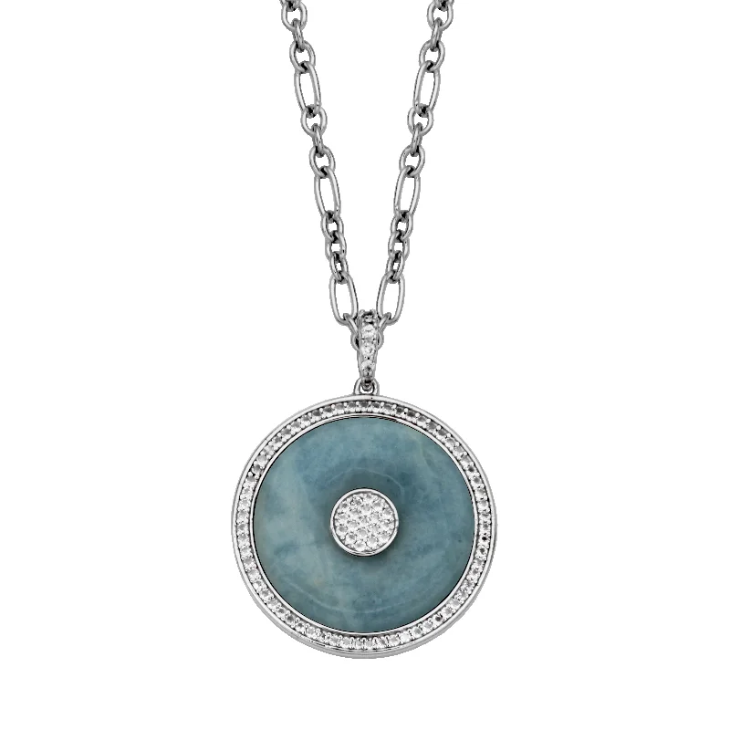 Pendant necklace for women-Sterling Silver Milky Aquamarine & White Topaz Medallion Necklace by Samuel B.