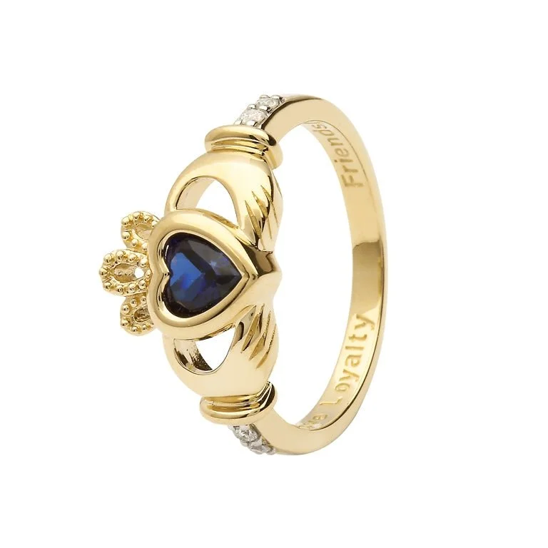 Two-tone engagement rings for women-14K Gold Claddagh September Birthstone Ring Blue Sapphire and Diamonds - 14L90S