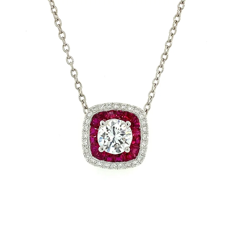 Gold-plated necklace for women-Ruby and Diamond Pendant in White Gold