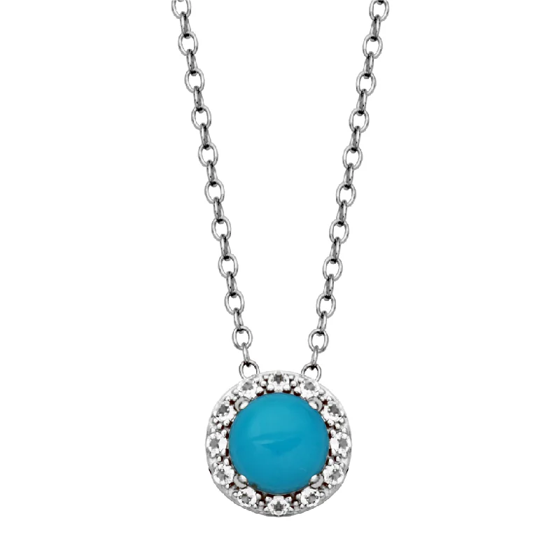 Wedding necklace for women-Sterling Silver Sleeping Beauty Turquoise & White Topaz Halo Necklace by Samuel B.