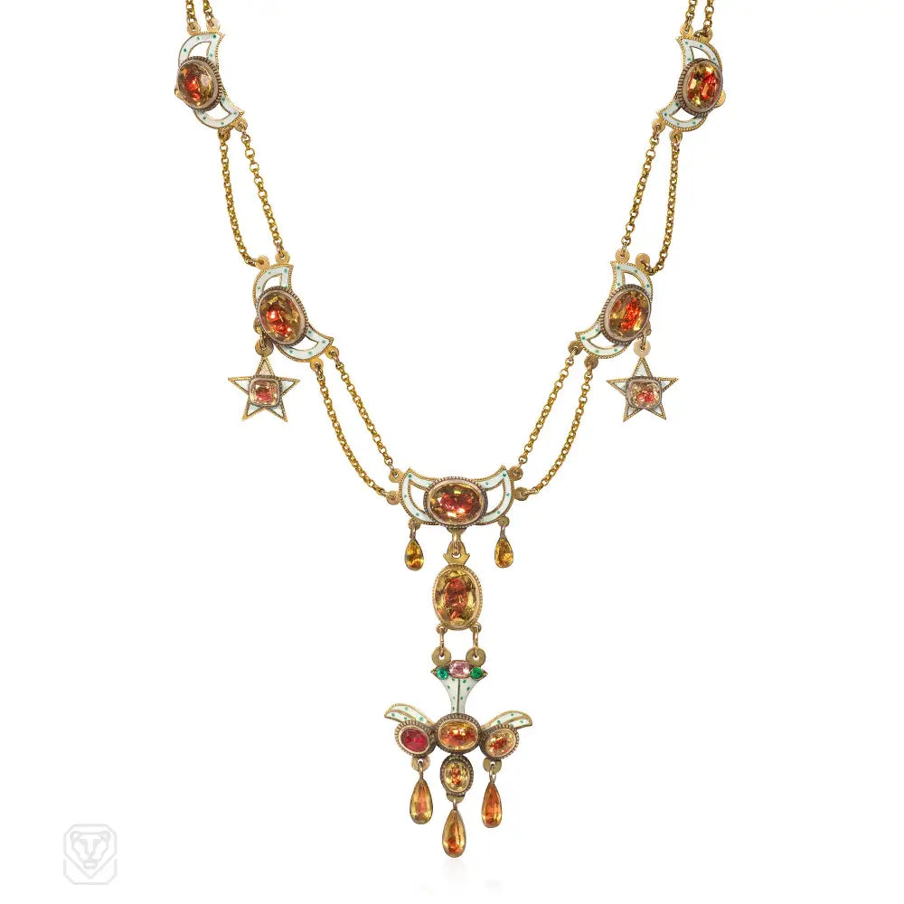 Romantic diamond necklace for women-Antique foiled citrine and enamel pendant necklace