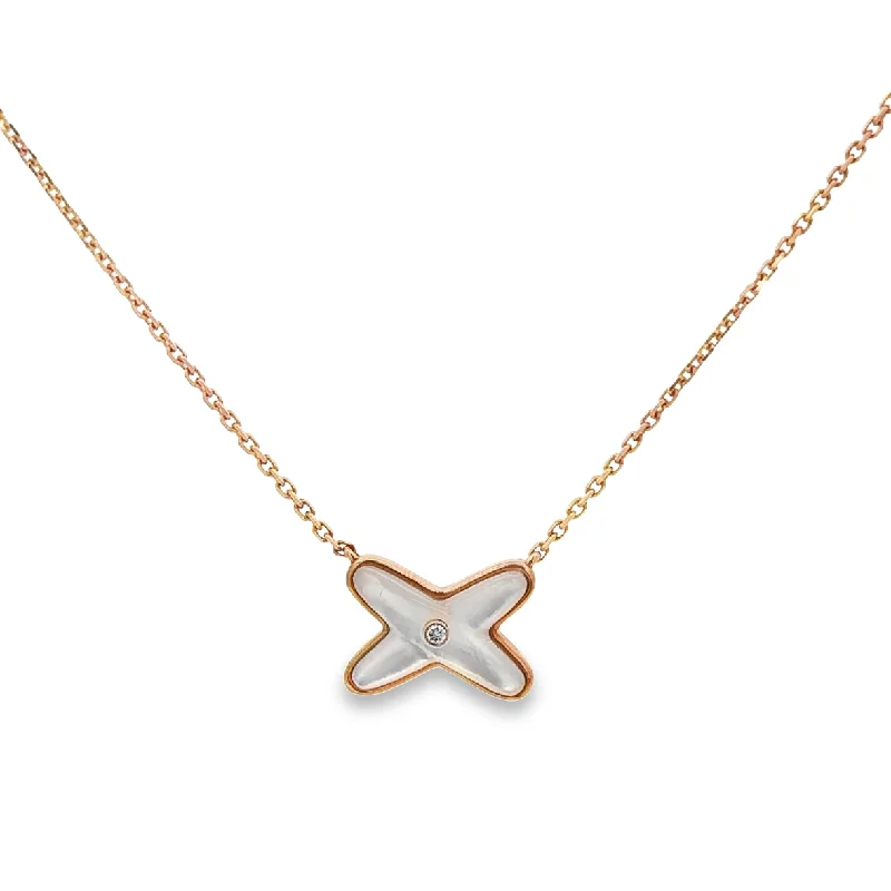 Gold gemstone necklace for women-Mother of Pearl "X" Necklace in 18k Rose Gold