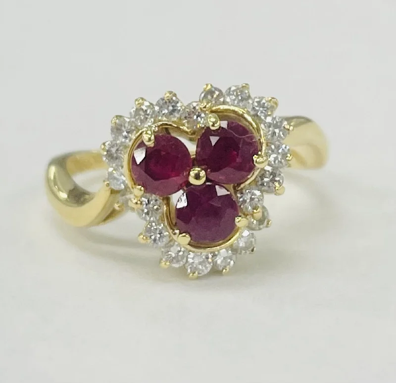 Custom diamond engagement rings for women-Yellow Gold Three Stone Ruby And Diamond Estate Ring