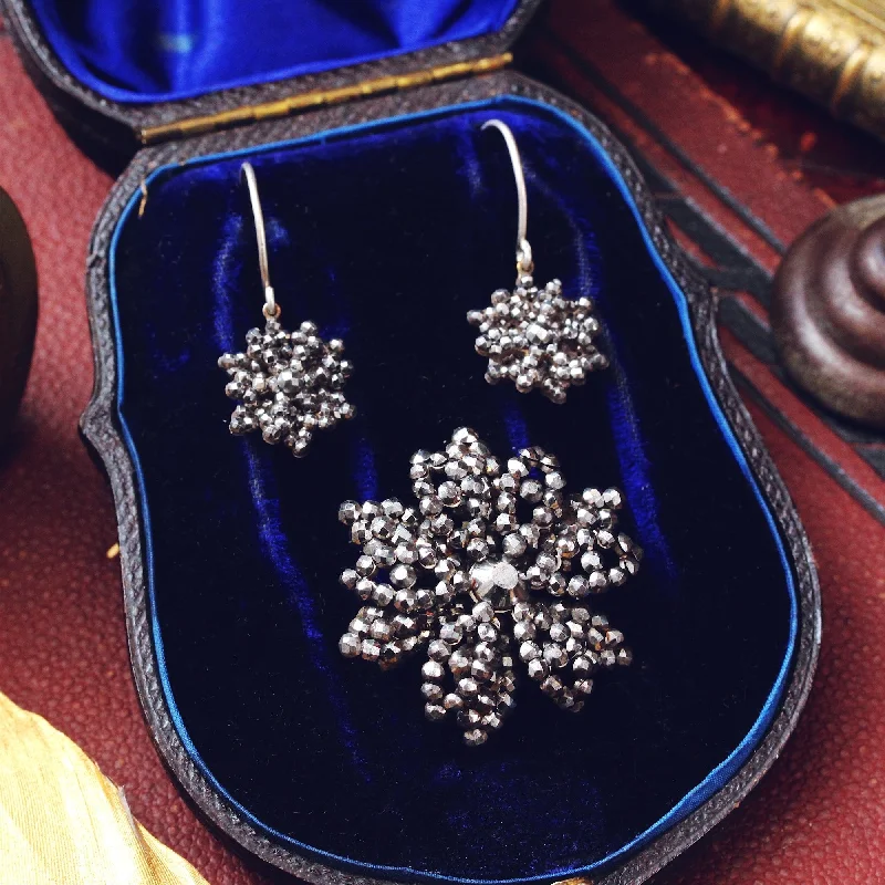 Chandelier earrings for women-Matching Georgian Cut Steel Earrings & Brooch