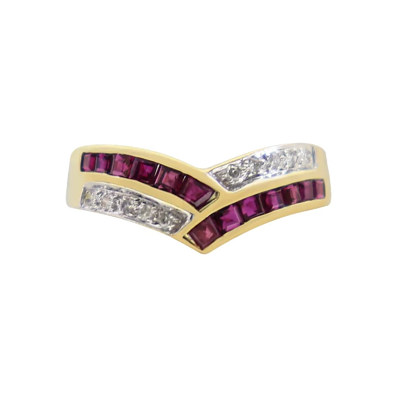 Luxury solitaire engagement rings for women-Yellow Gold Ruby and Diamond Wishbone Ring