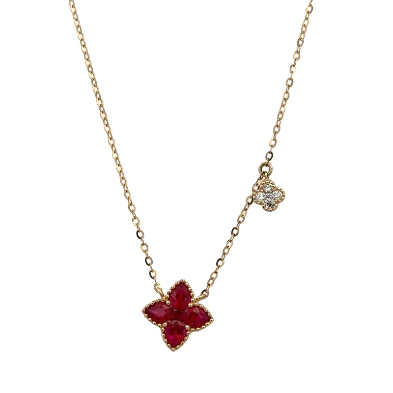 Holiday necklace for women-Ruby Quatrefoil and Diamond Necklace in Yellow Gold