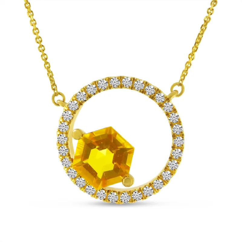 Colorful necklace for women-14K Yellow Gold 1.05ctw Hexagon Citrine & Diamond Circle Necklace