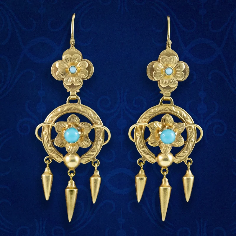 Heart earrings for women-Antique Victorian Turquoise Forget Me Not Drop Earrings 18ct Gold