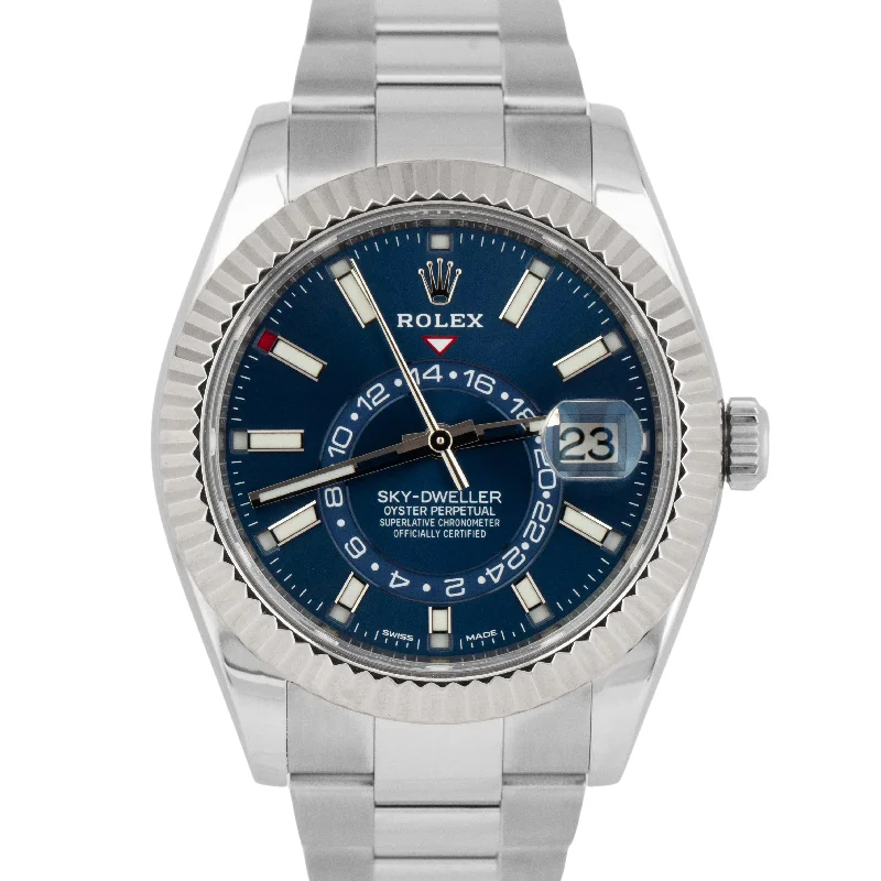 Luxury metal wristwatches-MINT PAPERS Rolex Sky-Dweller BLUE 18K Fluted 42mm Oyster Steel Watch 326934 BOX