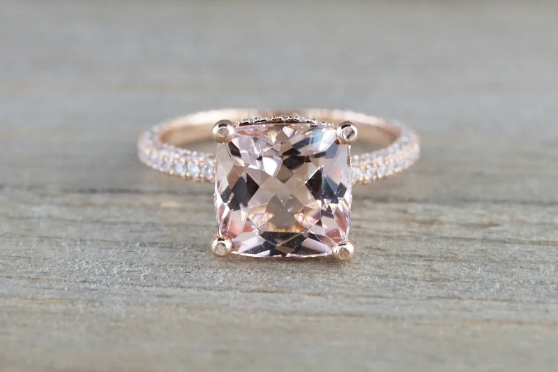 Unique engagement rings for women-14k Rose Gold Encrusted Under Halo 3 Face 3D Diamond Cushion Morganite Ring 9x9 Solitaire M3090