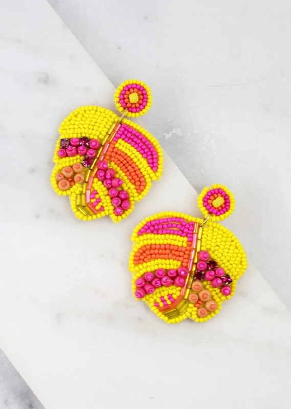 Chic earrings for women-Palm Leaves Seed Bead Embellished Post Earrings, Yellow