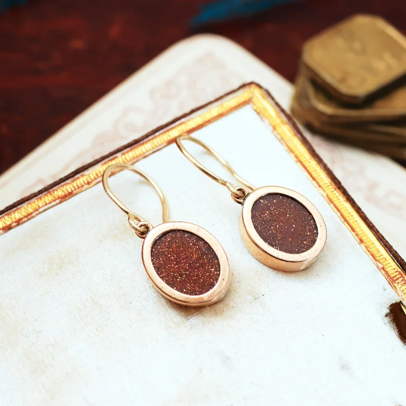 Floral stud earrings for women-Vintage 9ct Gold & Goldstone Drop Earrings