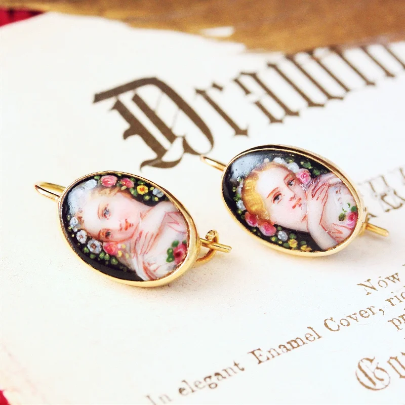 Artistic drop earrings for women-Vintage 18ct Gold Continental Enamel Earrings